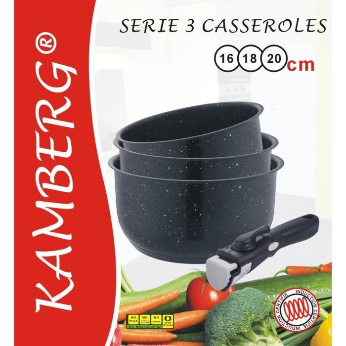 Série 3 casseroles effet pierre 16-18-20 cm avec manches amovibles - Kamberg
