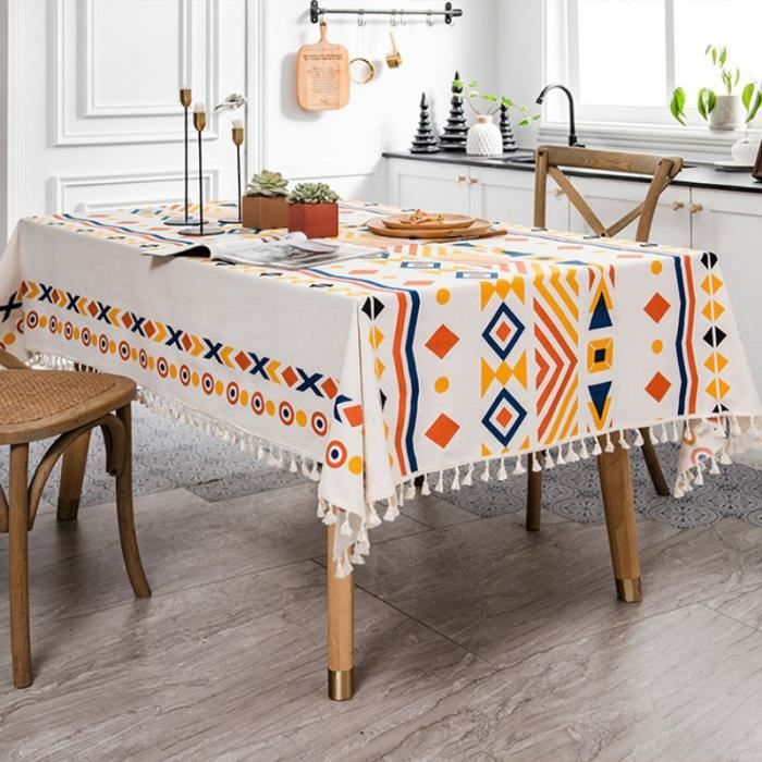 Nappe Impermeable Rectangulaire,VIPITH Coton Lin Tassel Elegante bohème  Tablecloth pour Table de Cuisine Decoration-140x200cm-B