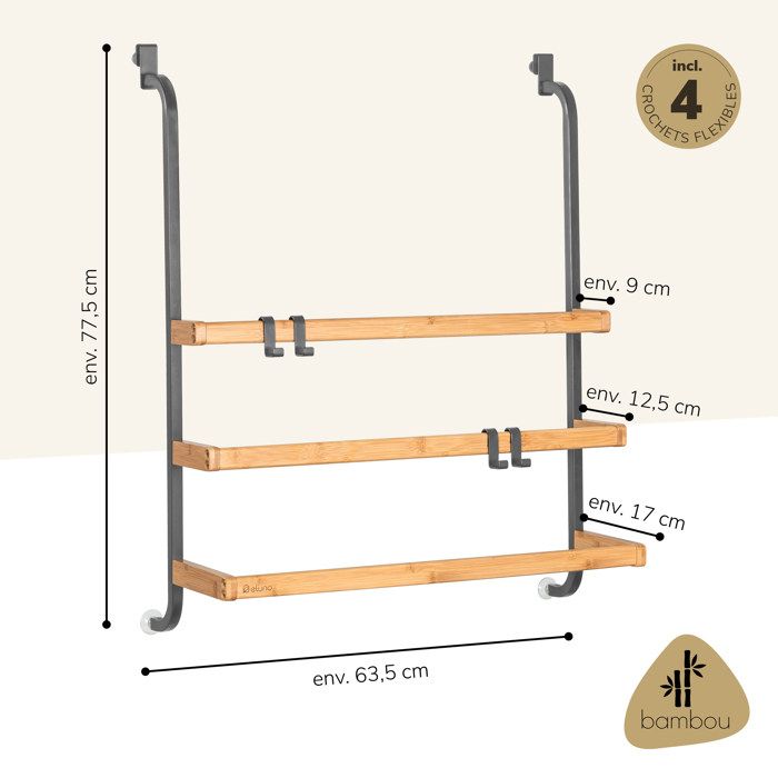 Porte-Serviettes De Douche Sans Perçage - 3 Barres Bambou + 4 Crochets - Blanc - Eluno