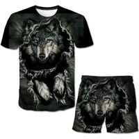T-shirt bricolage,Homme Décontracté Shorts Hip Hop Streetwear Male Pantalon Court 3D imprimé animal loup T-shirt + Short Deux Pièce