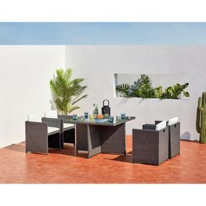 Ensemble table et chaise de jardin Salon de jardin encastrable - 4 personnes - MIAMI - Concept Usine - résine tressé poly rotin - contemporain - Gris/Blanc