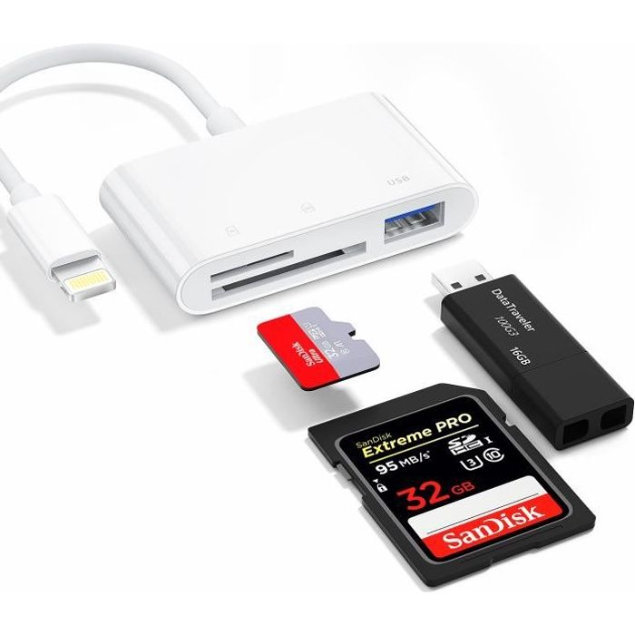 EBKCQ, Adaptateur Lightning 4 en 1 Lecteur de Carte SD Pour Apple iPhone, Neuf