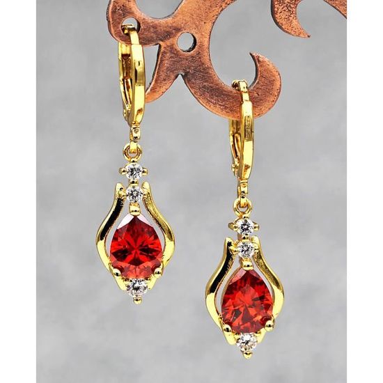 Boucles D'oreilles Dormeuses Solitaire Rouge - Plaqué Or Jaune 750 - Neuf Avec étiquettes