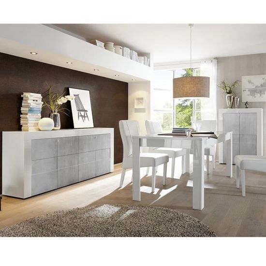 Salle à manger complète blanc laqué brillant et béton FACTORY L 137 cm