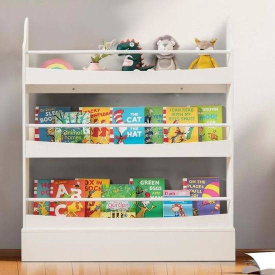 Bibliothèque Enfant 3 Niveaux DREAMADE | Forme Maison 88x34x108cm | 5 Compartiments | Blanc Avec Anti-basculement