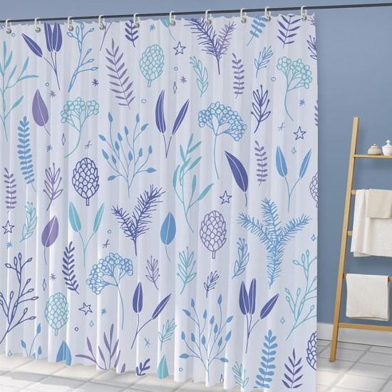 Rideau De Douche Imperméable 180x180cm - Tissu Polyester, Motif Tropical Palmier - Avec 12 Crochets
