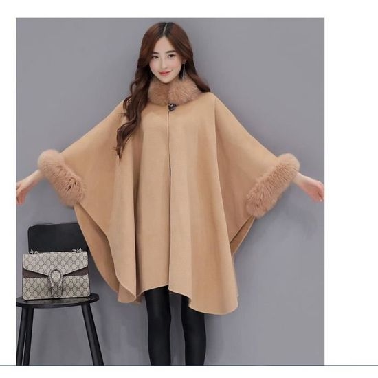 Manteau Ponchos et Capes femmes 2019 noel mode Flare manches Faux renard fourrure col hiver laine Cape manteau Poncho Type Camel Blanc Cdiscount Pret a Porter
