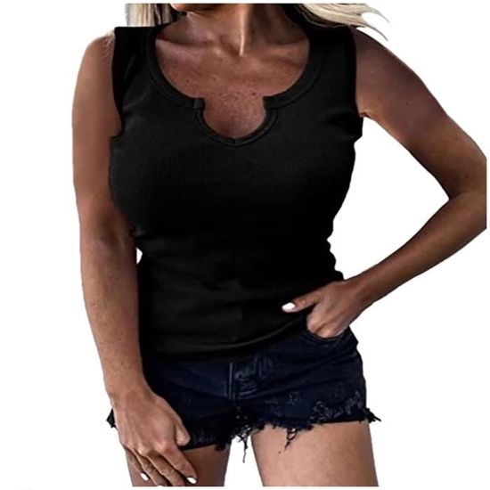 Femmes Maille Évider Gilet Sans Manches T-Shirt Col En V Débardeurs
