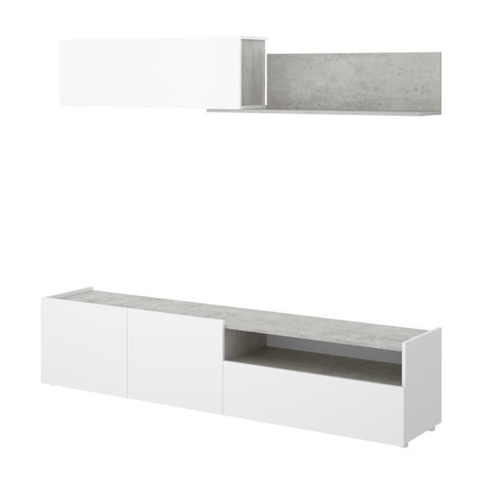 Meuble TV - Classique - Panneaux de particules revêtement mélaminé - Décor blanc béton - L 200 x P 41 x H 180 cm - KLOE
