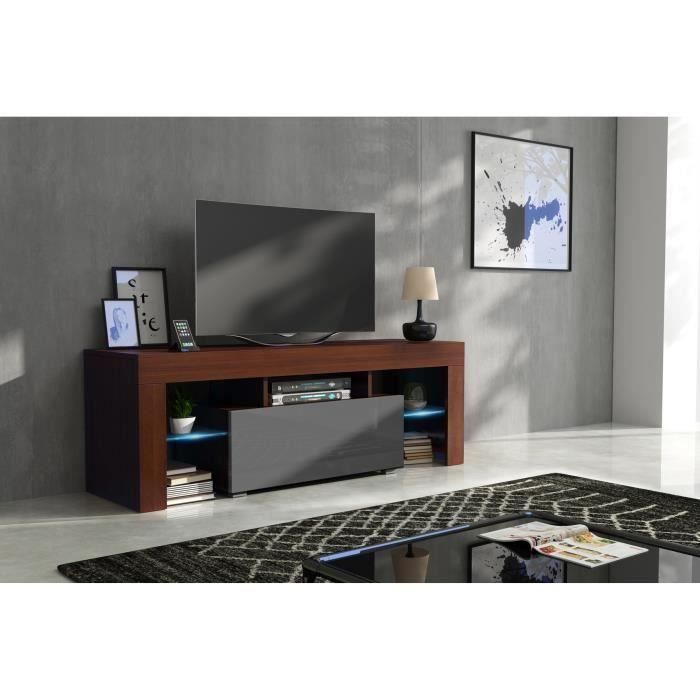 Meuble tv 130 cm noyer mat et gris laqué + led RGB