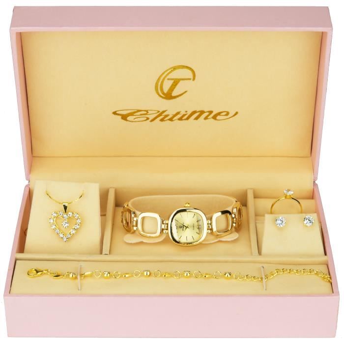 Coffret cadeau - Montre Femme Argent- Parure de Bijoux- Collier-Bague- Boucles d'oreilles