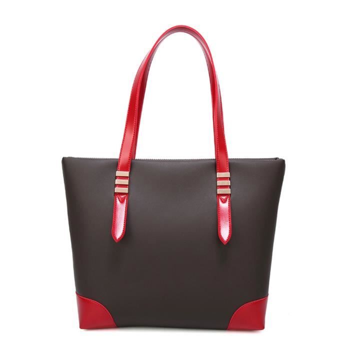 Sac à Bandoulière Femme Grande capacité Sac à Main Simple Mode Sac Messenger Trapézoïdale PU Couture - Rouge