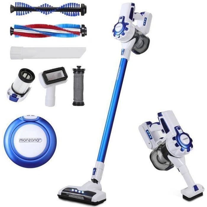 Aspirateur balai sans fil sans sac 120W 9050 Pa batteries buses brosses accessoires 4 LED 2 vitesses autonomie 40 minutes maison