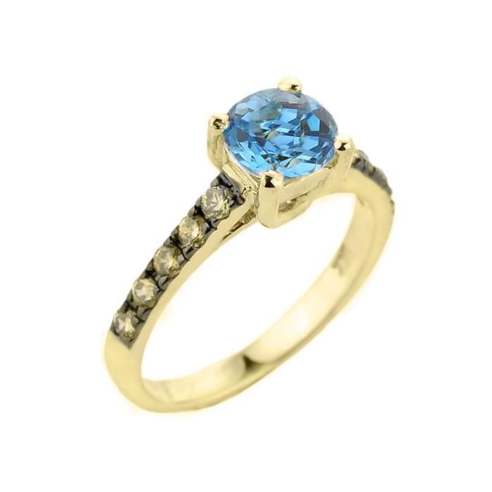 Bague Femme 10 ct Or Jaune 471/1000 Bleu Topaze et Diamant Solitaire
