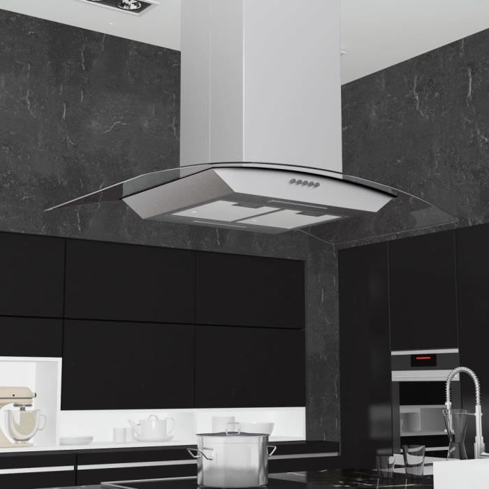 Hotte îlot 90 cm Hotte aspirante de cuisine Acier inoxydable pour ilot ultra moderne Avec des lumières 756 m³/h LED Argenté