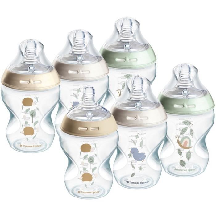 TOMMEE TIPPEE - Lot de 6 biberons Closer to Nature - Tétine valve Anti-Colique - 260ml - Multicolore
