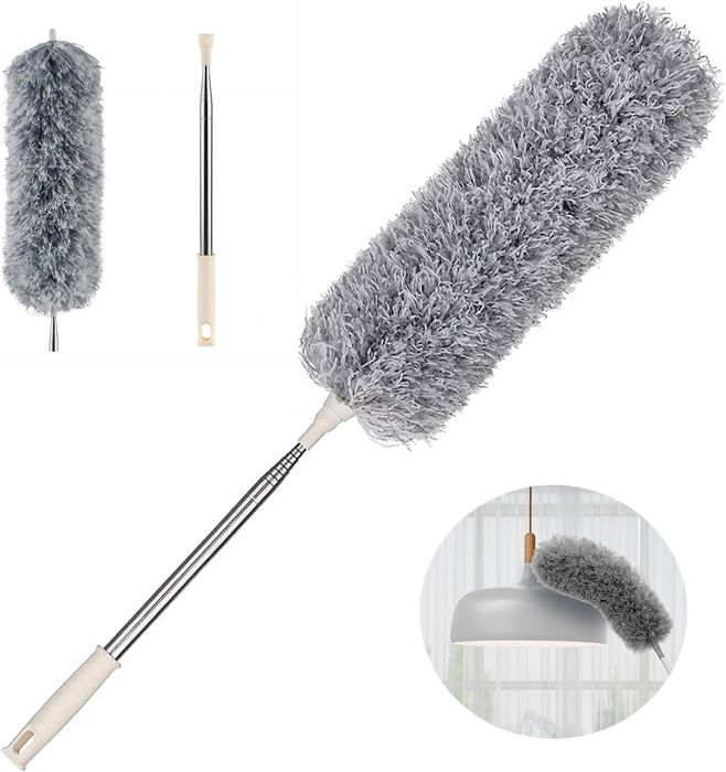 9 Pièces Plumeau Telescopique, 2,8m Tete De Loup Telescopique, Poussiere Plumeau Lavable Microfibre Avec Tige Télescopique Chiffon Nettoyage, Pour Nettoyer Le Plafond Toile D'Araignée