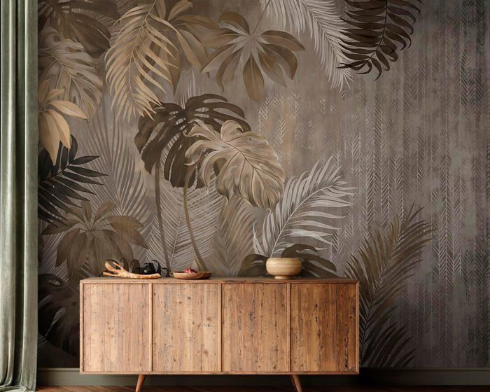 Papier Peint Panoramique Elégant 350x256 cm Feuillage tropical dans le ...