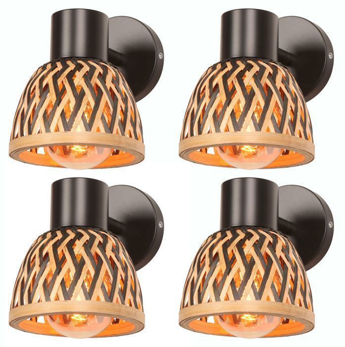 iDEGU 4pcs Lampe Murale Vintage Applique Murale Industriel Abat-jour Métal et Bambou E27 Luminaire Murale Cage pour Couloir Salon