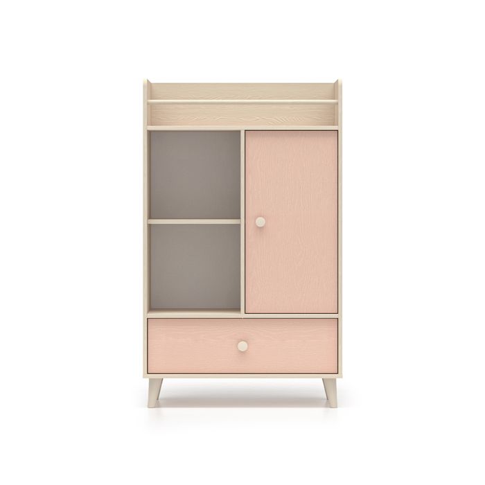 Bibliothèque 1 porte 1 tiroir Petits-meubles - Alycia - 80 x 40 x 132cm - Beige - Rose corail - Effet bois Bibliothèque 1 porte 1 tiroir Petits-meubles - Alycia - 80 x 40 x 132cm - Beige - Rose corail - Effet bois