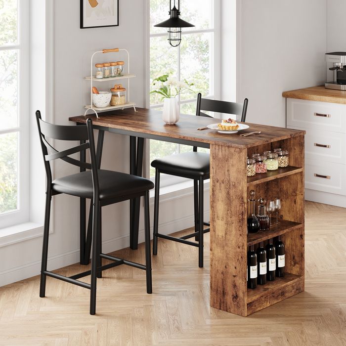 Lot de 3 tables de bar pliables avec 2 tabourets de bar et 3 étagères - Table de cuisine industrielle pour salle à manger-Vintage