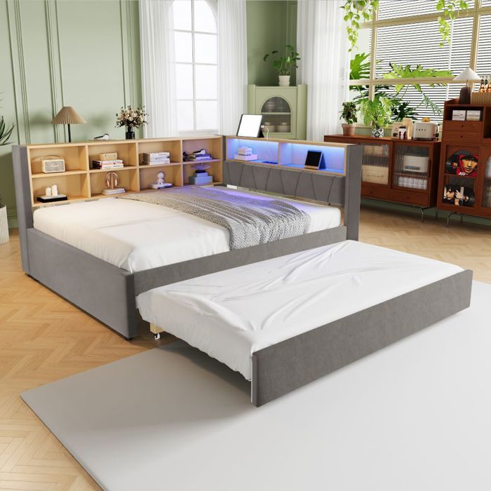 Canapé convertible 140x200 lit gigogne 90x190 LED rangements lit rembourré multifonctionnel gris foncé Sans matelas Canapé convertible 140x200 lit gigogne 90x190 LED rangements lit rembourré multifonctionnel gris foncé Sans matelas
