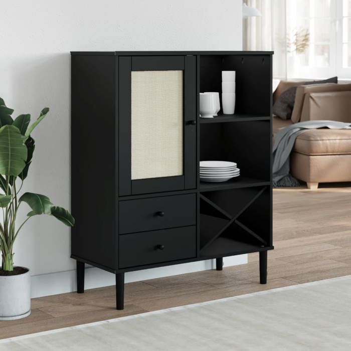 SALE 2025Meuble bas bahut vaisselier - Buffet SENJA aspect rotin noir 90x40x112cm - Bois massif de pin 28 9 Kg 4298