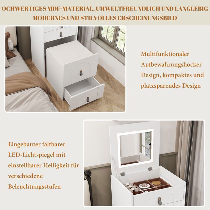 Coiffeuse  Comprend Un Tabouret De Maquillage , Tabouret De Rangement Multifonctionnel Table De Chevet Avec Miroir Et Eclairage Led Avec 3 Tiroirs 98213213