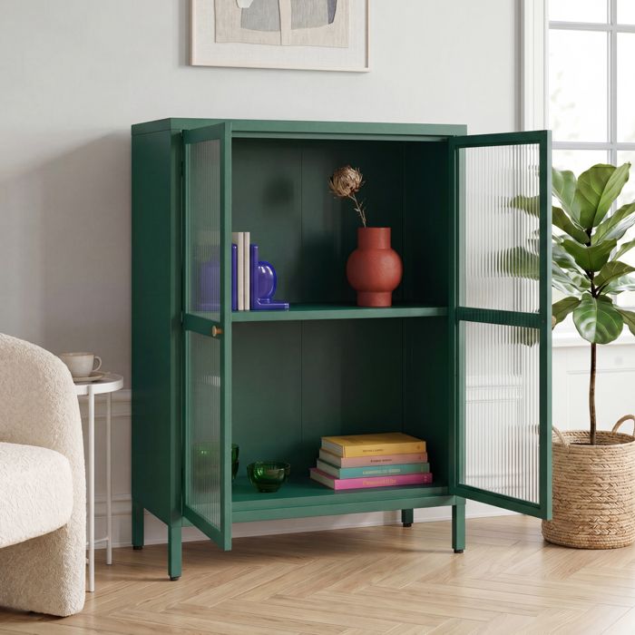 Buffet Säkylä acier verre strié 84 x 64 x 35 cm vert sapin _x000D_