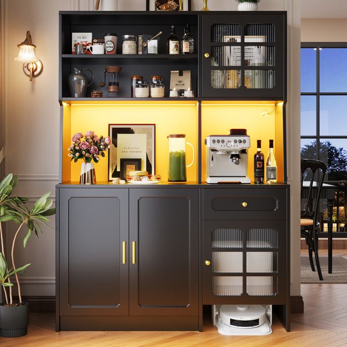 Buffet Haut de Cuisine Noir 130cm avec Éclairage LED et Portes en Verre - Rangement Intelligent Design Moderne pour Cuisine/Salon Buffet Haut de Cuisine Noir 130cm avec Éclairage LED et Portes en Verre - Rangement Intelligent Design Moderne pour Cuisine/Salon