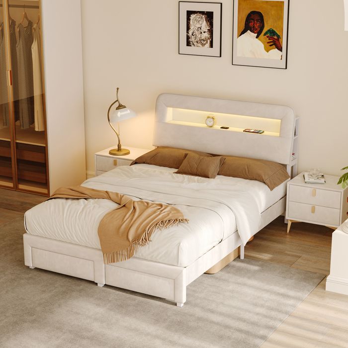 Lit capitonné 160x200 cm - LUMINARIX - Lit adulte LED - 2 tiroirs - Velours blanc - USB Type-C