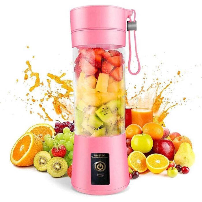 Mixeur Portable USB Rechargeable 380ml, 6 Lames pour Shakes Smoothies Voyage Rose 23x7.5cm