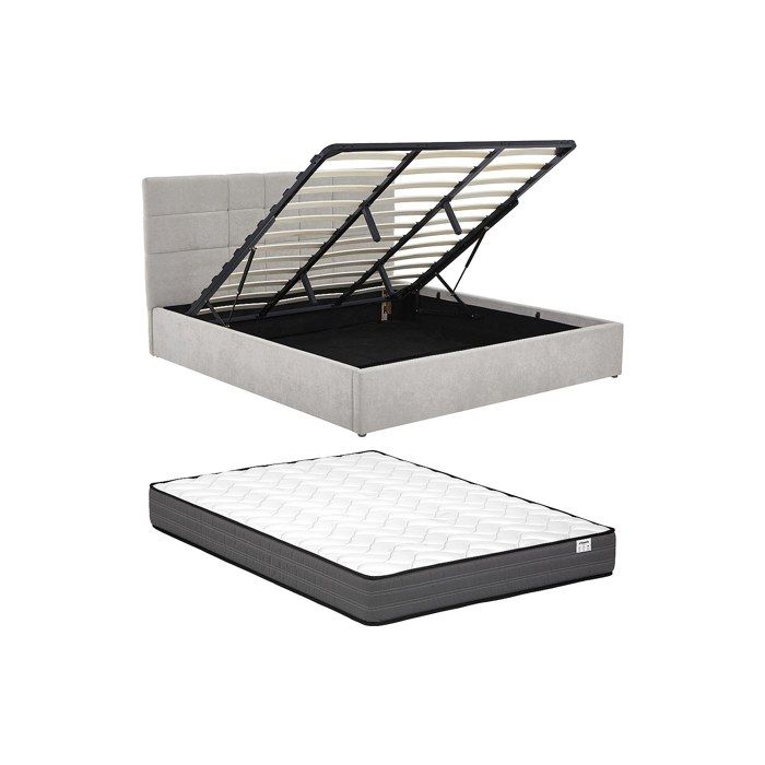 Lit coffre 180 x 200 cm - Tissu - Gris + Matelas - HOPEYA