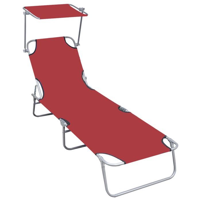 Chaise longue pliable avec auvent - VIDAXL - Rouge - Aluminium - 188 5x57 5x27 cm - Capacité 120 kg - Dossier réglable
