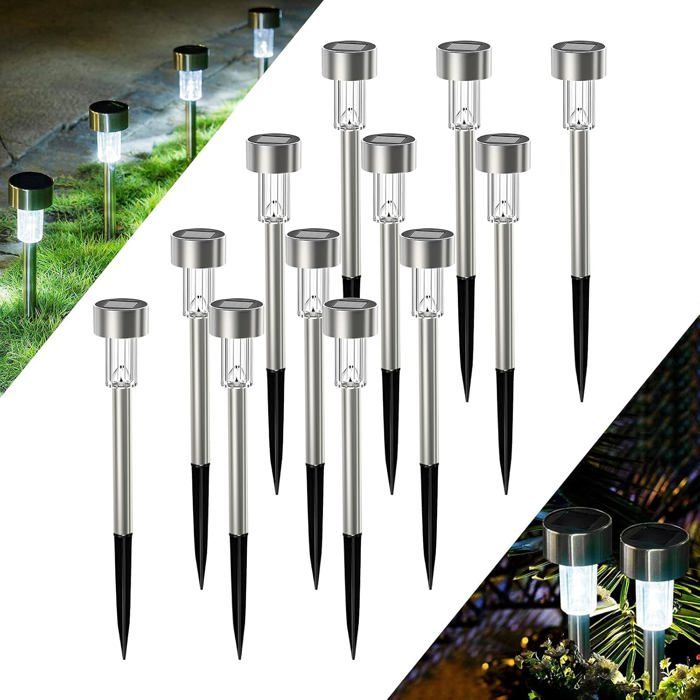 Lumiere Solaire Exterieur Jardin 12pcs Inoxydable LED Lampe Solaire pour Exteriepure IP44 Étanches Décoration