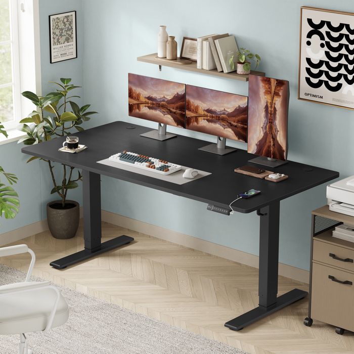 Bureau Assis-debout Réglable en hauteur 160 x 80 cm avec Port USB-C Fonction Mémoire 3 Hauteurs Couelur Noir