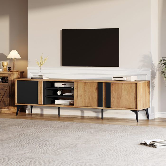 Meuble TV 180 cm avec 2 Portes et 4 Tiroirs Meuble TV Etagères Ouvertes et Trépied Marron et Noir
