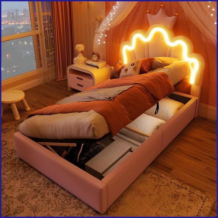 Lit Princess à Couronne - 90x200 cm sans Matelas - Bandes LED + Mécanisme Hydraulique - Tête Réglable - PU Rose