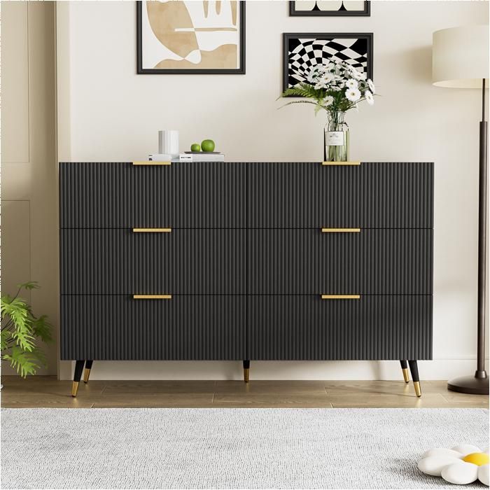 Commode Noire avec 6 Tiroirs Façade Ondulée et Pieds Dorés Meuble de Rangement 120 x 77 x 40 cm