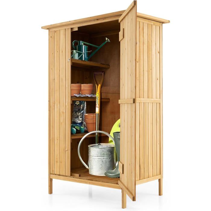 GIANTEX Abri de Jardin en Bois de Cèdre avec Toit Incliné en Asphalte 3 Étagères 5 Crochets Porte Verrouillable 91x66x150cm