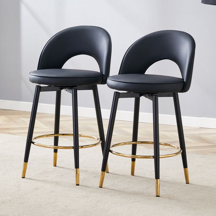 Tabouret de bar pivotant - Noir - Cuir PU - 44x44x91.5 cm - Pivotant à 360° - Lot de 2 - Dossier ajouré - Accents dorés