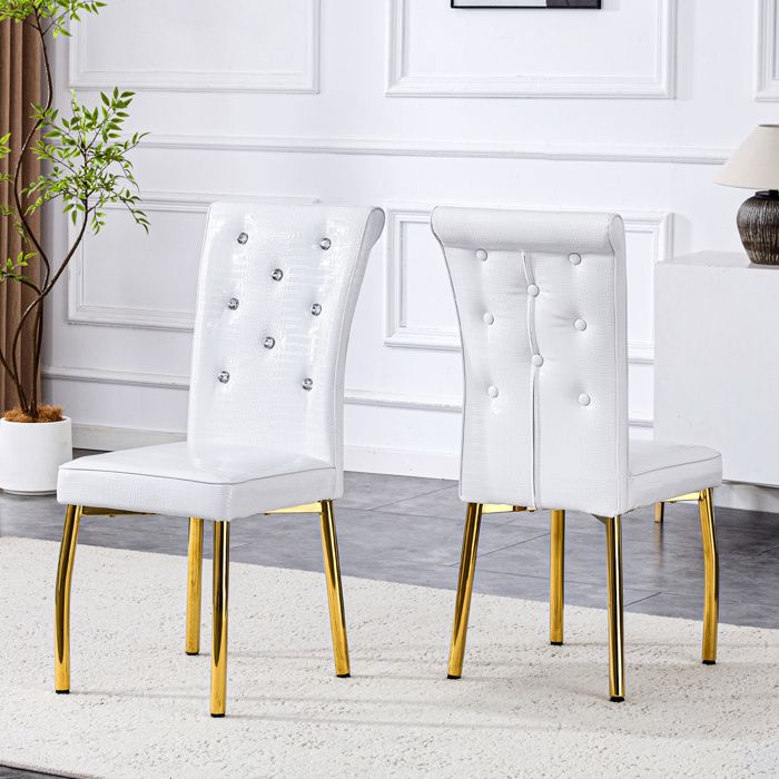 MEUBLIV Lot de 2 chaises de salle à manger avec assise PVC effet peau alligator 61.5x42x101 cm blanc et or