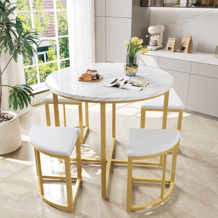 HOMVRA Ensemble table à manger ronde 80x80x75 cm avec 4 chaises avec chaises empilables MDF métal blanc et doré