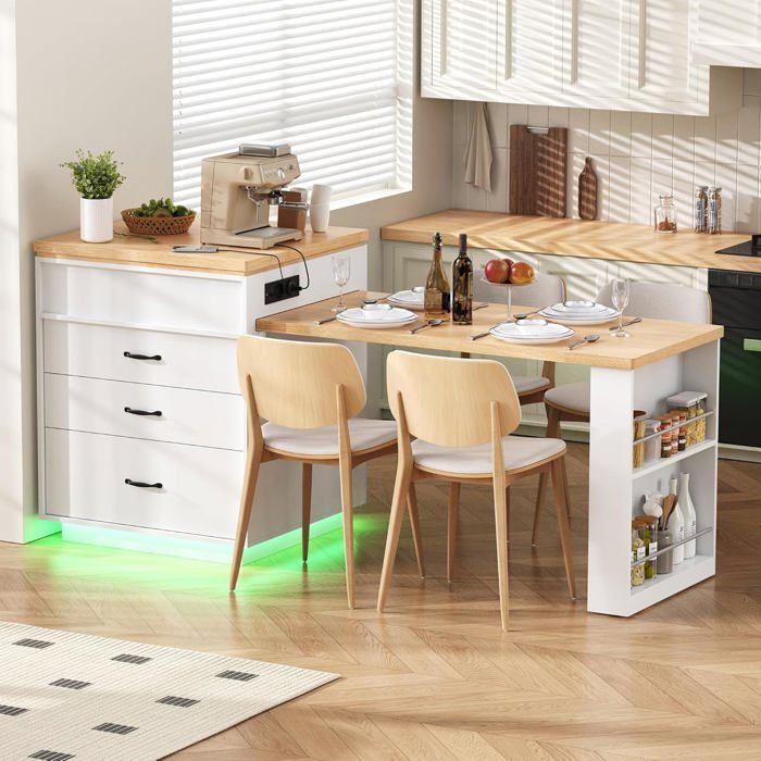 Table à Manger Extensible avec LED et USB C - Desserte Îlot de Cuisine à Roulettes et Plateau Amovible -Buffet pour la Cuisine-Blanc