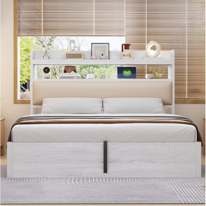 Lit coffre double blanc 180×200 cm sommier inclus tête de lit rembourrée USB structure solide