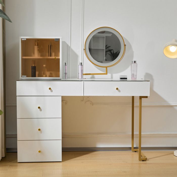 Coiffeuse avec Miroir Éclairé Table de Maquillage design en Verre Trempé Meuble Élégant pour Chambre - Blanc et Doré
