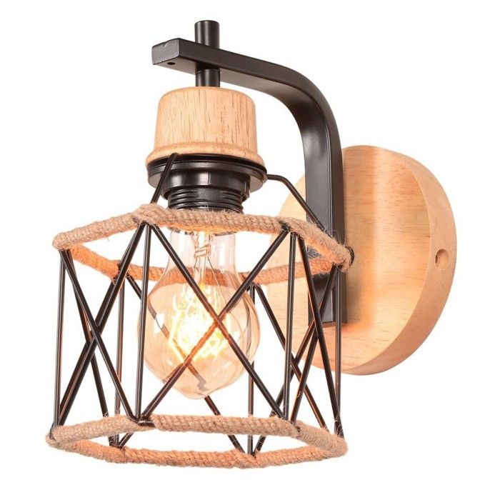 Applique murale industrielle - SMOTOP - E27 - Noir métal/bois/corde - Ø15 cm