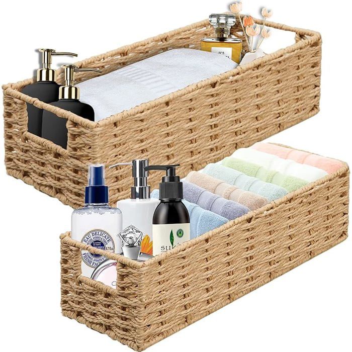 OUTBROS Panier de Rangement Organisateur de Maquillage Tissé Boite avec Poignées Sac Osier pour Cuisine Salle Corde  CORBEILLE