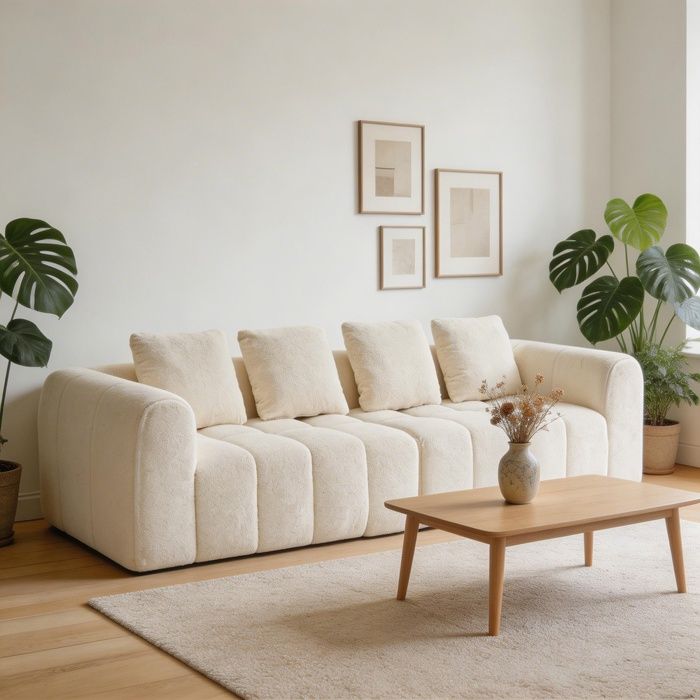 Canapé 3 places - Modulaire adaptable - Tissu velours beige anti-taches - 260×955×70 cm - Accoudoirs