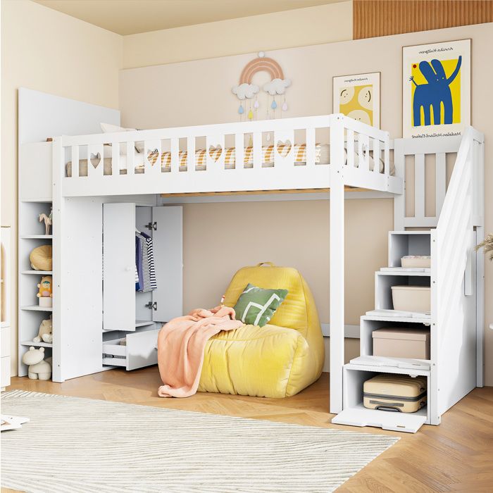 Lit mezzanine blanc 90×200 cm avec échelle de rangement étagères sommier inclus sans matelas